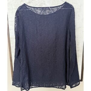 LOFT Navy Blue Lace Paisley Long Sleeve Sheer Embroidered Top Medium Ann Taylor